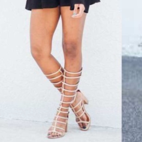 NEW Jeffrey Campbell La Cage WOOD BLOCK HEEL KNEE HIGH   gladiator sandal 9.5 - Picture 1 of 17